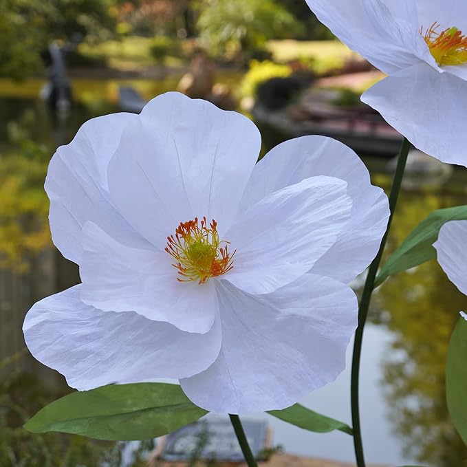 Large Paper Artificial Flowers,Giant Flowers for Decoration,Huge Handcrafted Poppy Fake Flowers with Stand for Home Decor Bridal Shower Party Outdoors Yard Event Backdrop Decor (White)