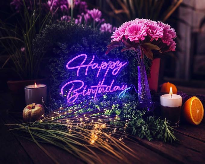 Ulalaza Smart RGB & Color Flow Effect Happy Birthday LED Neon Sign with Remote & App Control Music Sync Timer Setting LED Acrylic Light for Wall Party Décor Bedroom Bar Wedding Home Birthday USB Powered