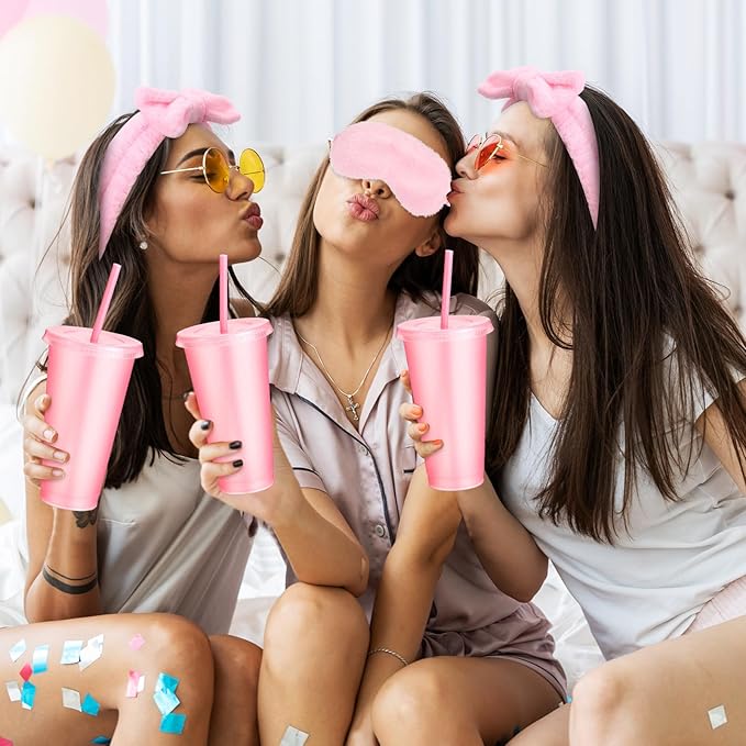 30 Pcs Spa Party Favors for Women Sleepover Party Supplies 6 Bow Headband 6 Eye Mask 6 Hair Clip 6 Cosmetic Bag 6 Glitter Plastic Cup for Adult Spa Birthday Bachelorette Gift(Pink)
