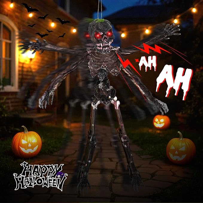 BECOMFORT 6 FT Hanging Animatronic Halloween Decoration, Sound-Activated Hanging Zombie with Shaking Body, Glowing Eyes, Creepy Sounds & Posable Arms, Animated Halloween Props for Indoor & Outdoor