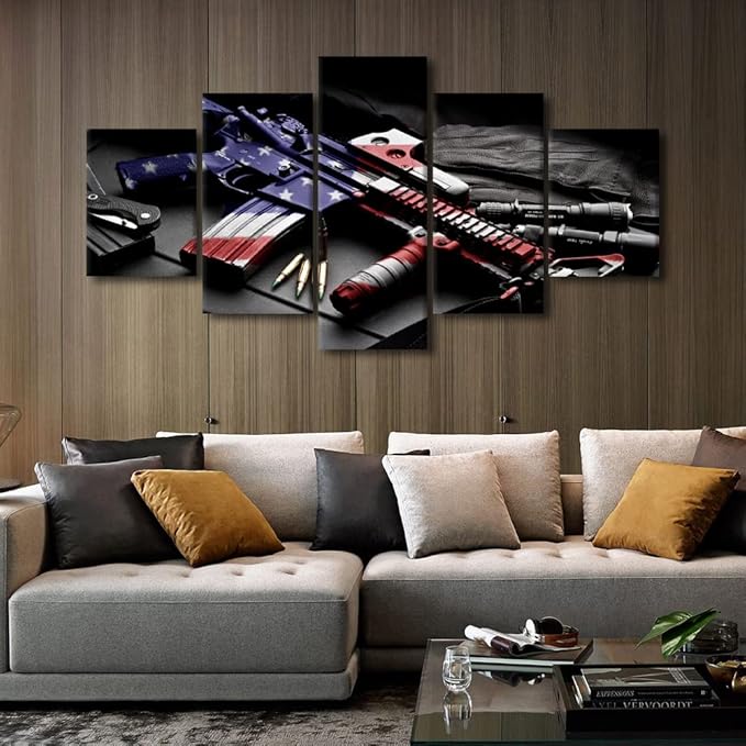 TISHIRON Large Family Decor Wall Art American Gun Set Canvas Painting Posters Wall Decor 5 Piece USA Flag Prints on Cool Gun Modern Art Wall Decor for Living Room Office Framed Ready to Hang 60x32 in