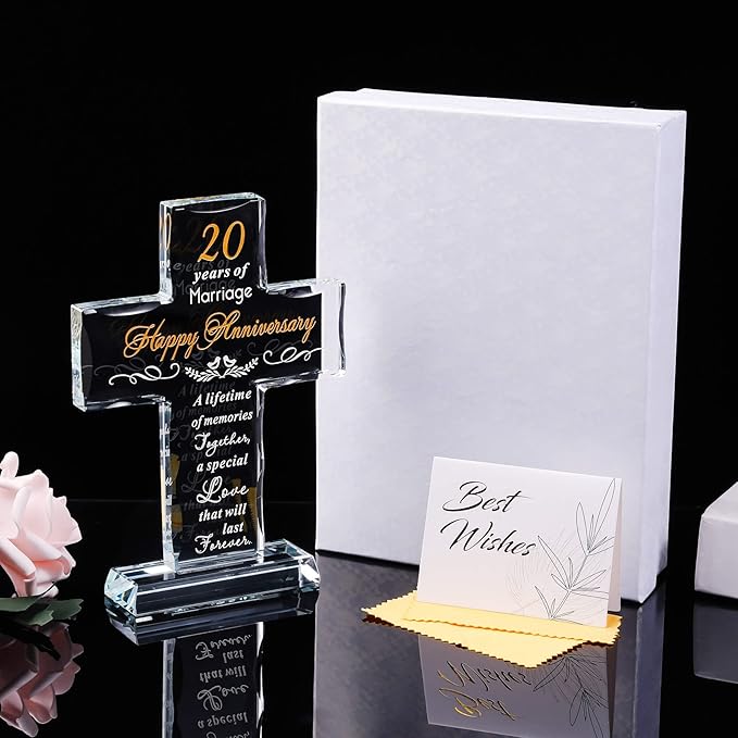 YWHL 20th Anniversary Religious Gifts for Couple, Laser Engraved Glass Standing Cross Keepsake for Him, 20 Years Wedding Anniversary Cross Gifts for Her