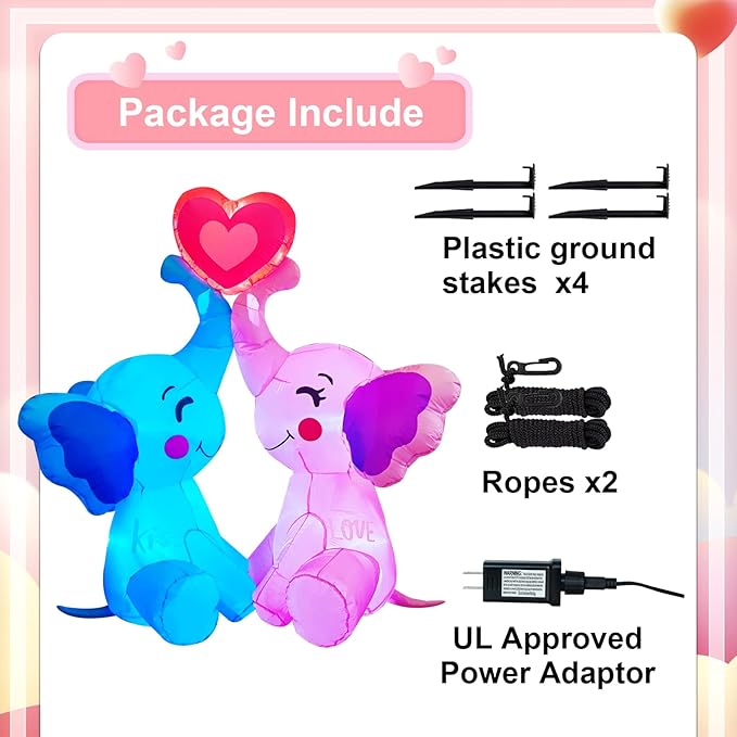 Inlflatable Valentines Decorations,Blow Up Couple's Elephant with LED Lights Outdoor Decor for Romantic Party,Wedding Anniversary, Home,Patio,Lawn Garden Yard Valentine's Decor