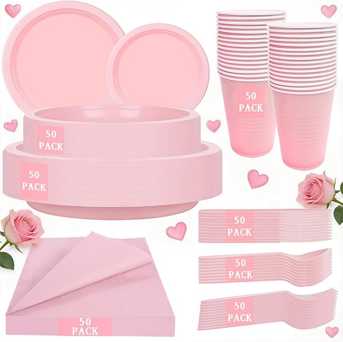 MirthMood 350pcs Pink Plates Disposable Including Pink Plastic Plates, 12OZ Cups, Plastic Cutlery and Napkins Serve 50 Guests for Spring Wedding,Birthday Party Dinner,Valentine's Day
