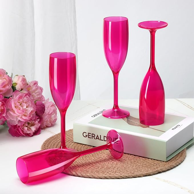 XUWAIDSGN Acrylic Champagne Flutes Toasting Glasses Unbreakable Mimosa Bar Reusable Wine Glasses Vintage Champagne Flutes Stemmed Drinking Cups 5.4 OZ for Christmas Birthday (100, Rose Pink)