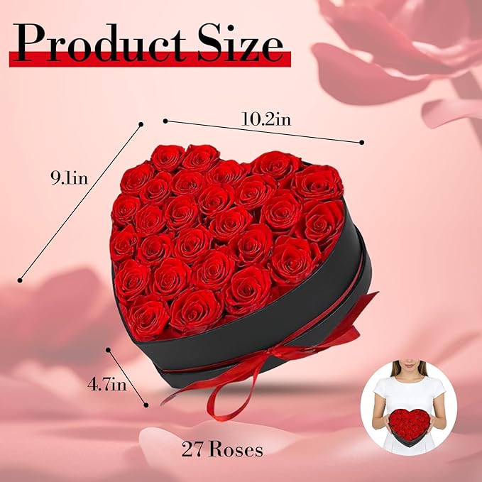 Preserved Roses Heart Shape Box Valentines Day Gifts for Her Mothers Day Forever Flowers (Red, 27 Roses)