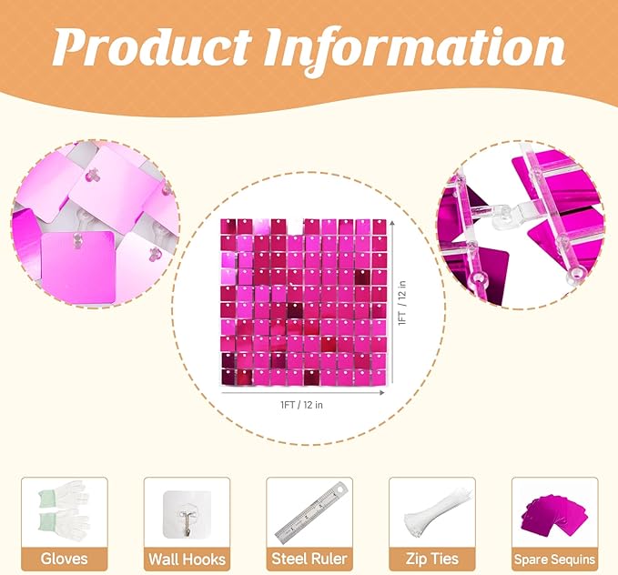 Hot Pink Shimmer Wall Backdrop,Shiny Sequins,24Pcs Sequins Backdrop Decoration Panels, Glitter Bling Photo Background Decorations for Birthday Party Wedding Engagement Anniversary Graduation