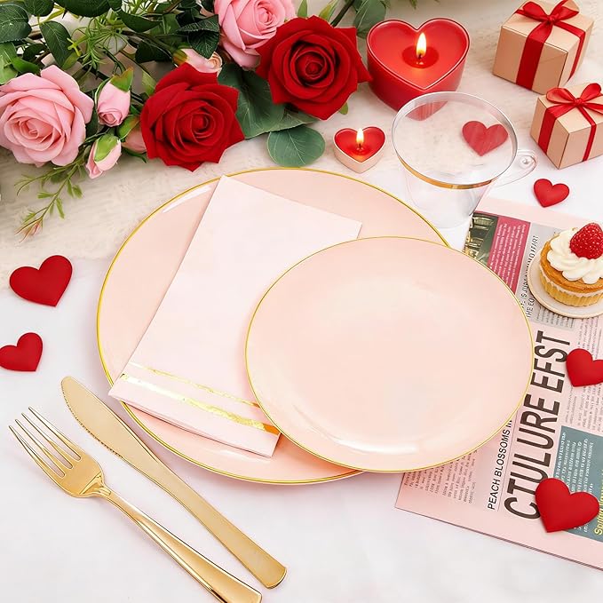 NOCCUR 350PCS Pink Plates Disposable - Pink Gold Plastic Dinnerware Set for 50 Guests Include 100 Dinner/Dessert Plates,150 Cutlery,50 Cups&50 Napkins - Ideal for Party/Wedding/Valentines Day