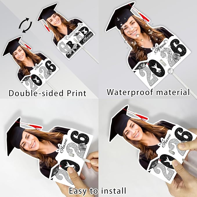 Personalized Graduation Face Fan 2026 Grade Custom Double Sided Face Cutout Fan with Handle Photo Booth Prop Party Supplies(B-Black and Silver,24pcs)