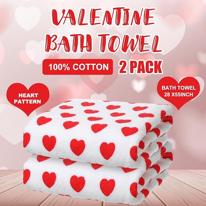 Frienda 2 Pcs Valentine Hearts Cotton Bath Towels Gift Set 55 x 28 Inch Galentine Decoration Red Pink Hearts Soft Cotton Bath Towels for Valentine Gifts Home Travel Swim Bathroom Shower Supplies(Red)