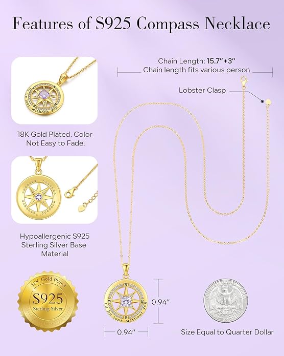 S925 Necklace Gift for Wife |Compass Jewelry |Women Anniversary |Sterling Silver |Girlfriend Birthday Gifts for Her Valentines |I'd be Lost without You |Jewel 18K Gold