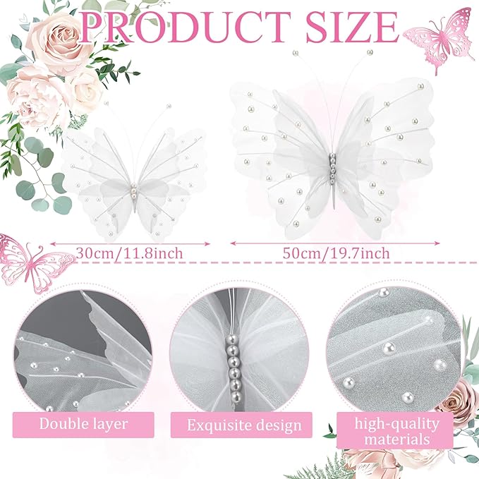 Geelin 6 Pcs Large White Pearl Butterfly Decorations Mariposas Grandes para Decoracion Big Butterfly Party Decor 20 Inch 12 Inch 3D Silk Butterflies for Baby Shower Birthday Party Wedding Decor