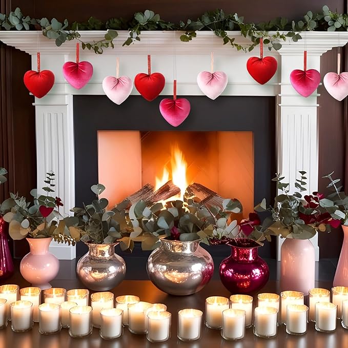 18 Pcs Valentine's Day Hanging Heart Ornaments Handmade Heart Shaped Velvet Gifts 4.3 Inches Hanging Valentine Tree Ornaments for Wedding Anniversary Party Decorations(Red, Pink, Rose Red)
