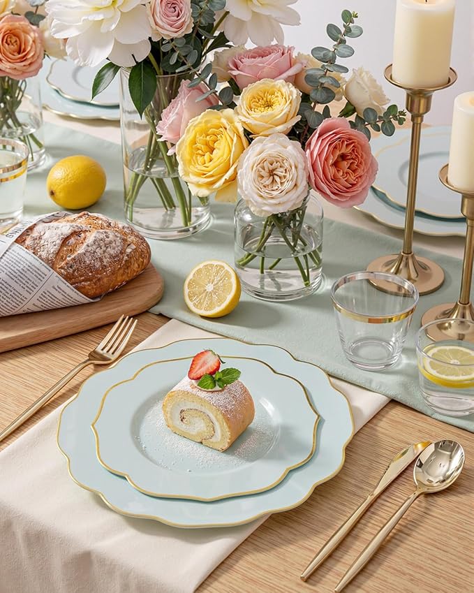 bUCLA 180PCS Green Plastic Plates - Disposable Sage Green with Gold Rim - Include 30 (Dinner & Dessert) Plates, 30 Knives, 30 Forks, 30 Spoons and 30 Cups for Party & Spring