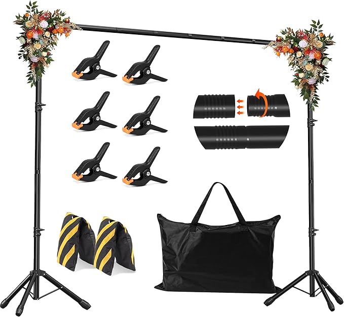 JSungo 10x6.5 FT Backdrop Stand for Parties, Adjustable Photo Backdrop Stand Kit with Carrying Bag, Portable Background Stand Backdrop for Wedding, Photoshoot, and Photo Studio