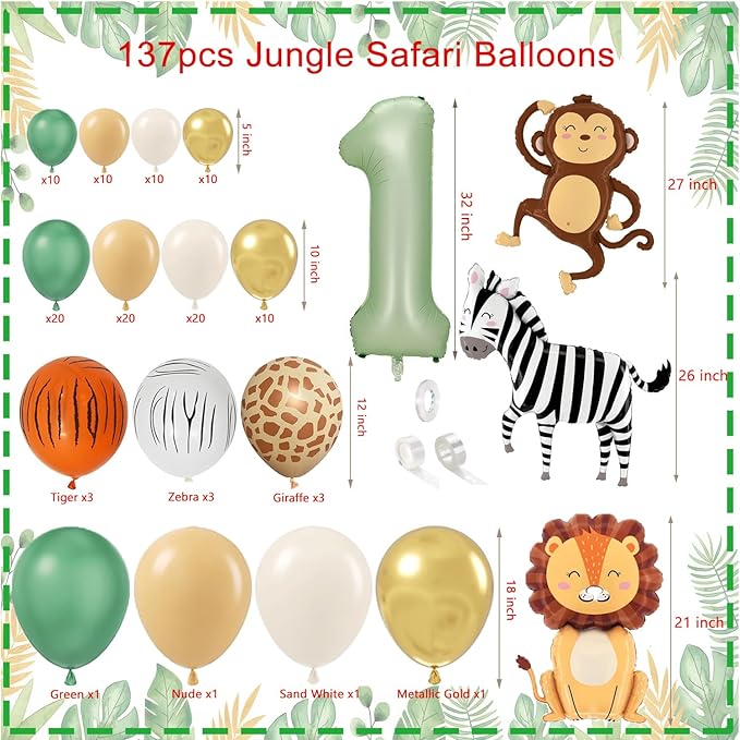 Wild One Birthday Decorations,Jungle Safari Animal Theme First Birthday Decorations Baby Shower Party Supplies for Boy Girl Photo Banner, Balloon Box, Balloons Garland, High Chair Banner, Backdrop