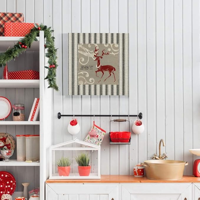 Renditions Gallery Joy Reindeer Wall Art, Cute Christmas & Winter Decor, White & Red with Striped Fabric Look, Premium Gallery Wrapped Canvas, Ready to Hang, 40 in H x 40 in W, Made in America