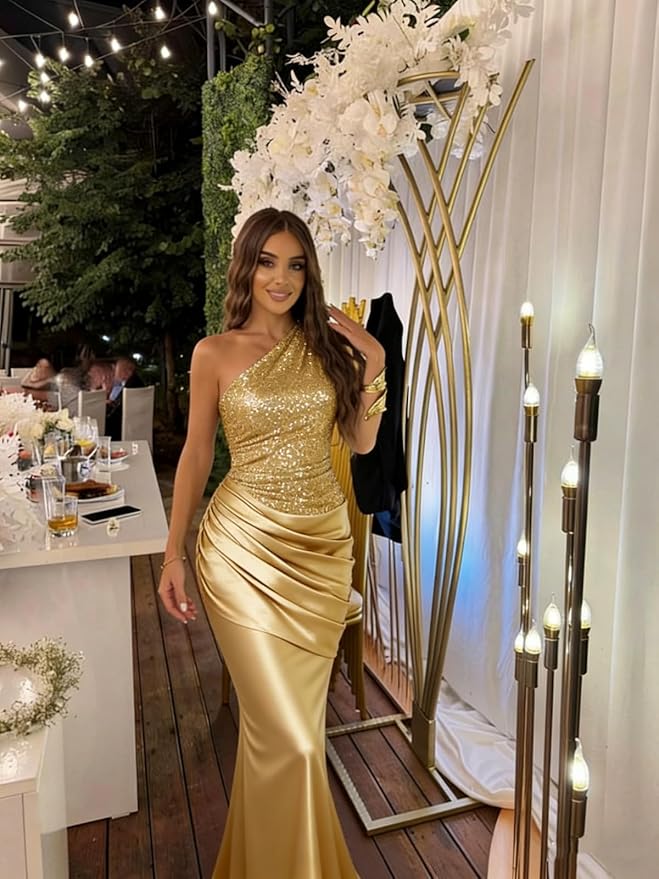 Sparkly Sequins Mermaid Prom Dress 2026 for Women Long Satin One Shoulder Asymmetrical Pleated Formal Evening Gown