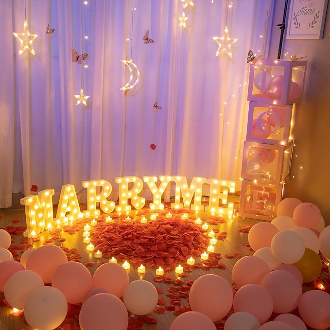 6147pcs Marry Me LED Marquee Light Up Letters Sign Proposal Decorations with 24 LED Heart Shape Light Love Balloon Box for Wedding Valentine Anniversary Party Banquet Props