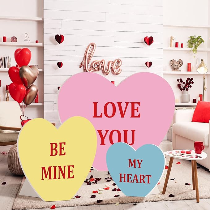 Teling 3 Pcs 24in 36in 46in Valentine's Day Conversation Heart Cardboard Cutout Stand up Set Valentines Day Party Backdrop Sweetheart Candy Conversation Heart Decoration for Wedding Party Photo Prop