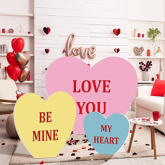 Teling 3 Pcs 24in 36in 46in Valentine's Day Conversation Heart Cardboard Cutout Stand up Set Valentines Day Party Backdrop Sweetheart Candy Conversation Heart Decoration for Wedding Party Photo Prop