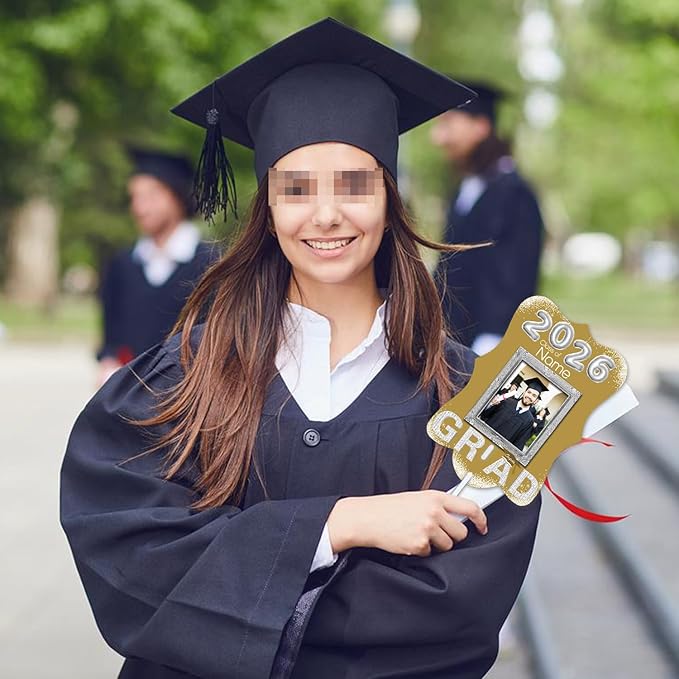 Personalized Graduation Double Sided Face Fan Class of 2026 Customized Graduation Head Face Cutout with Handle Fun Photo Prop Supplies(A-Champagne and Silver,24pcs)