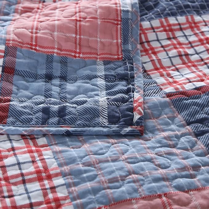 Cotton Bedding Quilt Sets Reversible All Season Real Patchwork Coverlet Sets All Season Blue Bedspread, Houndstooth Plaid Pattern, King Size