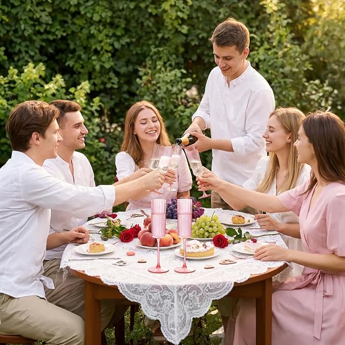 36 Pack Pink Plastic Champagne Flutes - 6oz Ribbed Disposable Champagne Glasses - Clear Pink Vintage Mimosa Glasses with Long Stem Elegant & Lightweight for Valentine's Day Wedding Party