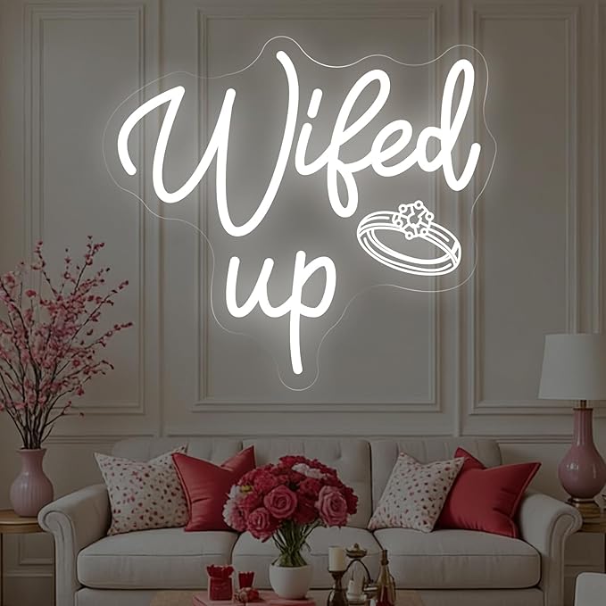 Wifed Up Neon Sign, Funny Romantic LED Light with Engraving Ring for Valentine's Day, Wedding Decor Sign, Bedroom, Party Decor, Couple Space 11.8″ × 10.6″