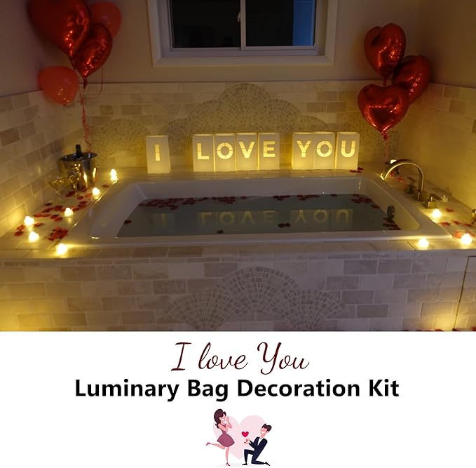 I Love You Luminary Bags with LED Tea Light Candles, Balloons, and Rose Petals – Romantic Decorations for Proposals, Anniversaries, and Special Moments