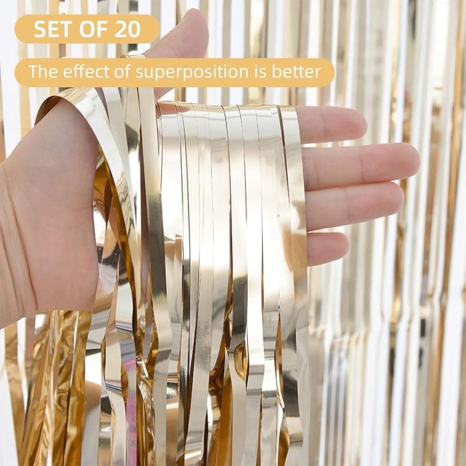20 Pack Champagne Gold Foil Fringe Curtains 3.2ft x 9.8ft Foil Curtain Backdrop Metallic Tinsel Curtains Streamer Photo Booth Backdrop for Birthday Party Engagement Bachelorette Party Decorations