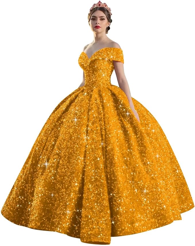 Quinceanera Dress Long Ball Gown Sparkly Sequin Off Shoulder V Neck Prom Dresses