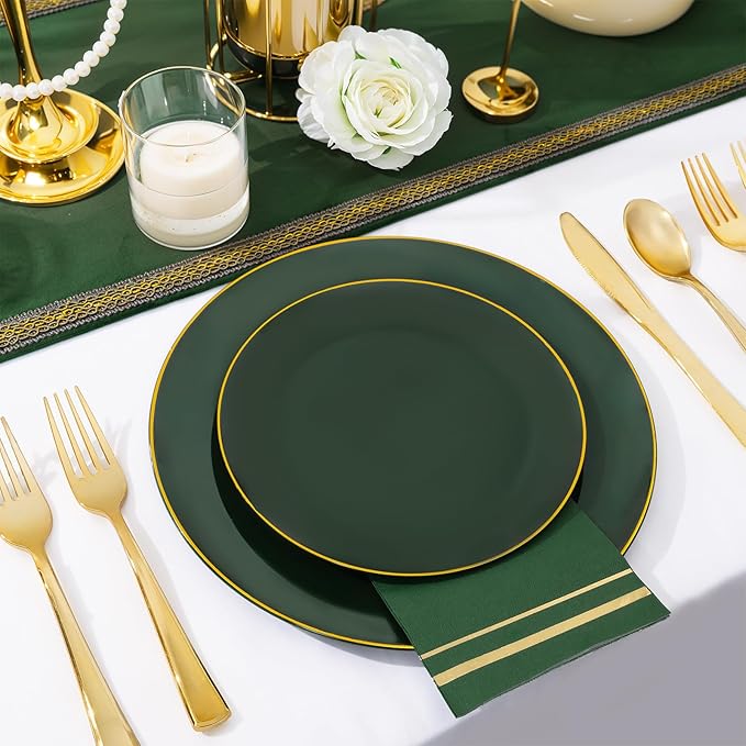 NOCCUR 350PCS Green Plastic Plates - Disposable Green Gold Dinnerware Set for 50 Guests, 100 Dinner/Dessert Plates, 150 Gold Silverware, 50 Cups&50 Napkins for Party/Wedding