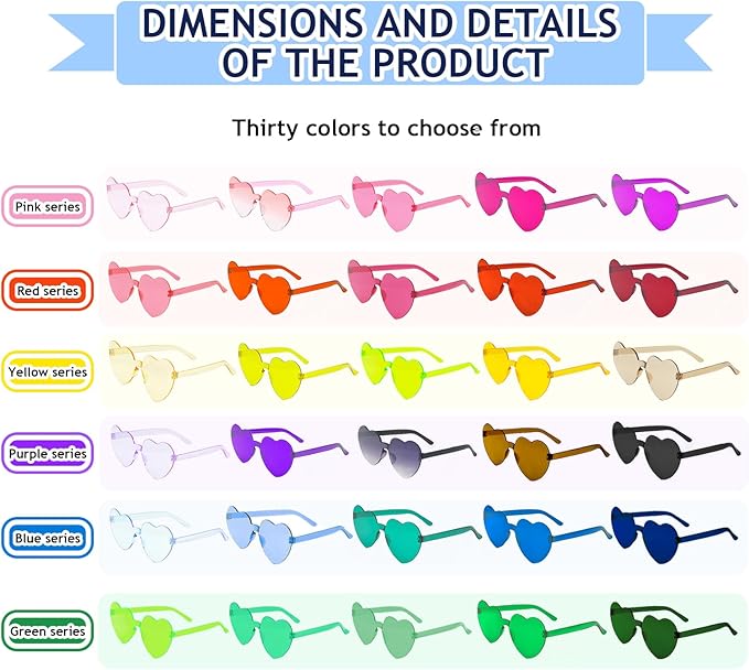 120 Pairs Heart Shaped Sunglasses Transparent Colored Rimless Heart Glasses Fun Plastic Sunglasses Bulk for Women Men Party Favors Eyewear, 30 Colors