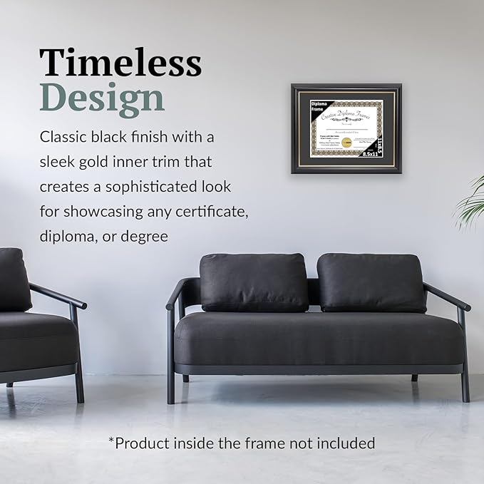 Creative Picture Frames 8.5" x 11" Rockefeller Black w/Gold Rim Diploma Frame, Displays 8.5" x 11" Certificate or 11" x 14" Document w/o Mat, College Degree Frame, Full-Strength Glass, Black Mat