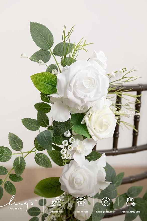 Ling's Moment 10pcs Wedding Chair Decorations Aisle Floral Swag Artificial Pew Flowers Hanging Garland Lily White & Olive For Ceremony Reception Church Rose Floral Faux Arrangement Party Outdoor Decor