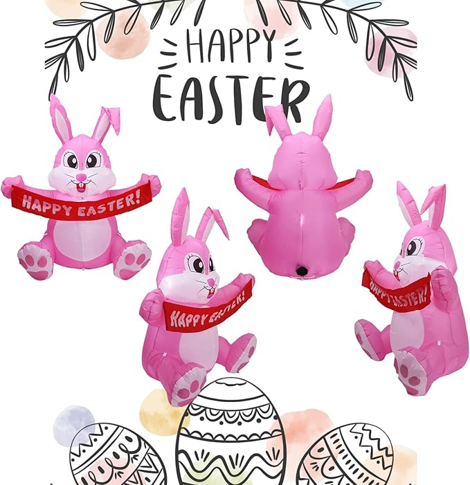 Dearsun 5FT Adorable Easter Inflatable Bunny Holding a Banner, Easter Blow up Yard Decorations Giant Pink Bunny with LED Lights for Holiday Party Indoor Outdoor Decor