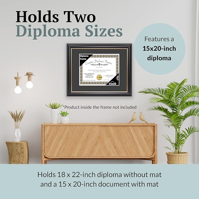 Creative Picture Frames 15" x 20" Rockefeller Black with Gold Rim Diploma Frame, Displays 15" x 20" Certificate or 18" x 22" Document without Mat, College Degree Frame, Full-Strength Glass, Black Mat