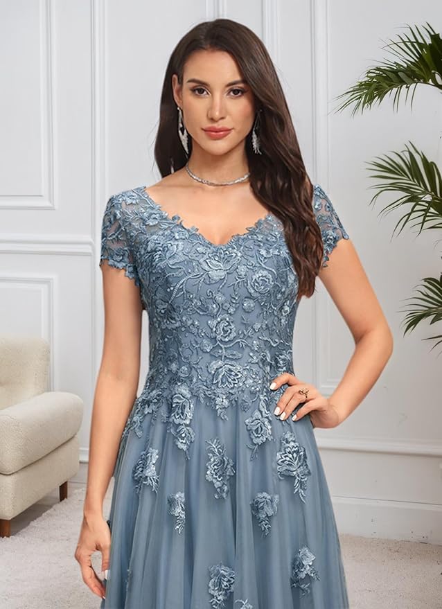 Mother of The Bride Dresses Sleeve Laces Applique V Neck Evening Gowns Cap Sleeves Grandmother of The Groom Dress