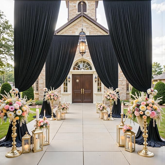 gogoparti 10x15 ft Black Backdrop Curtain for Weddings & Parties - 2-Panel Wrinkle-Free Polyester Drape, 15 FT Long for Birthday, Baby Shower, Halloween Photography Background