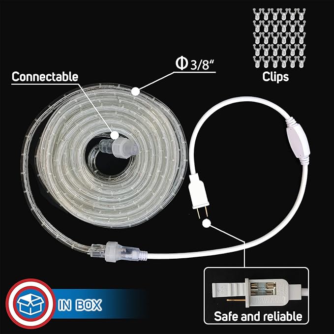Russell Decor 50FT 540 LED Rope Lights Indoor Outdoor Lighting for Christmas Snow Theme Decoration for Party Trees Patio Deck Flexible String Lights (White Blue)