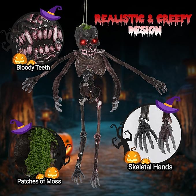 BECOMFORT 6 FT Hanging Animatronic Halloween Decoration, Sound-Activated Hanging Zombie with Shaking Body, Glowing Eyes, Creepy Sounds & Posable Arms, Animated Halloween Props for Indoor & Outdoor