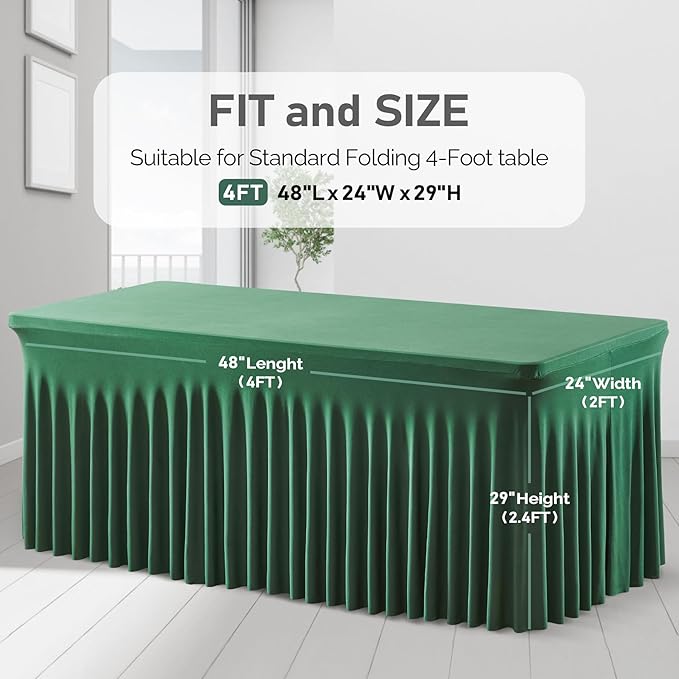 2 Packs Green Table Clothes for 4 Foot Rectangle Tables, Wrinkle Resistant Stretch Spandex Table Covers Fitted Tablecloth with Skirt for Easter Event Banquet Wedding Birthday Party
