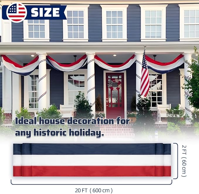 3Pack 2x20 Ft Bunting Flags Red, White & Blue Stripes Large Patriotic Decorations Flag 4th of July Bunting Outdoor Bunting Banner for Outside ，Garden，Porch
