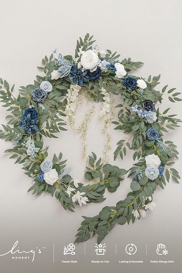 Ling's moment 9FT Spring Flower Garland- Wedding Arch Flowers for Backdrop Decoration, Eucalyptus & Rose, Artificial Floral Garland for Mantle - Sweetheart Head Table Decor for Reception, Dusty Blue
