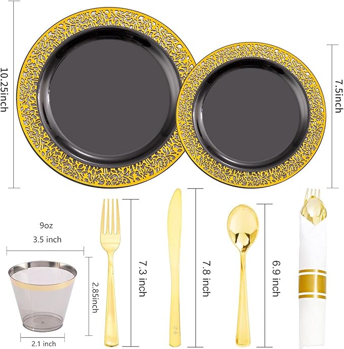 NOCCUR 210pcs Black and Gold Dinnerware Set - Black Disposable Plates and Napkins Party Supplies Include 60 Dinner/Dessert Plates, 30 Prerolled Plastic Cutlery&30 Cups for Party/Birthday/New Year