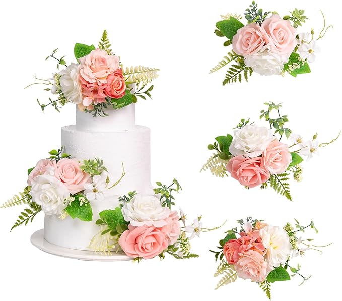 TINGE TIME 3Pcs Pre-made Cake Toppers，Silk Artificial Flowers Decor，Cake Decorations for Weddings, Birthdays, Party,Baby Shower,Celebration (PeachPink&White)