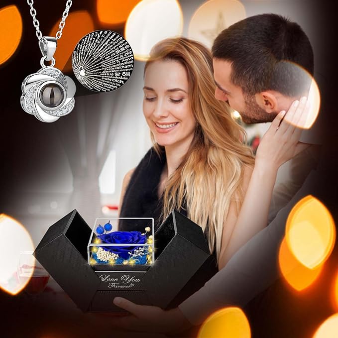 Preserved Bule Real Rose-Eternal Flowers Rose Gifts for Mom Grandma Wife Girlfriend on Mothers Day Birthday Valentines Christmas Anniversary Romantic Gifts for Her with I Love You Necklace