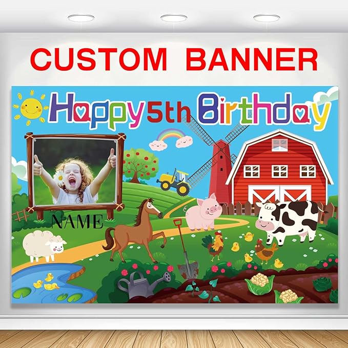 Custom Farm Animal Happy Birthday Party Decorations Supplies Personalized Farm Animal Barn Cow Farmhouse Birthday Backdrop Banner(6x9ft)