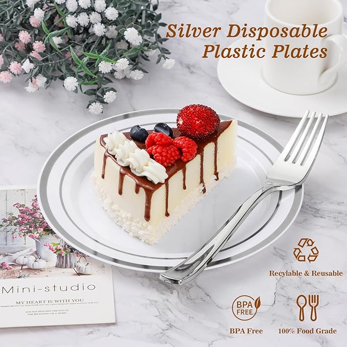 BESTVIP 100PCS Silver Plastic Plates, Disposable Party Plates with 50 Dinner Plate and 50 Dessert Plate for Party, Wedding and Birthday